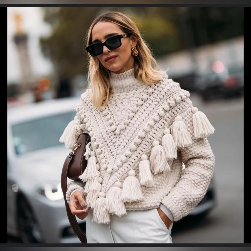 SOLD-Zimmermann Kaleidoscope Natural Crochet Tassel Pom Embellished Wool Sweater - Picture 8 of 9